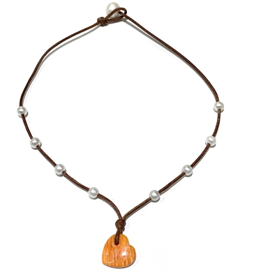 Amour Seacrest Lions Paw Shell Pearl Heart Necklace  Fine Pearls and  Leather by Wendy pearls - Wendy Mignot
